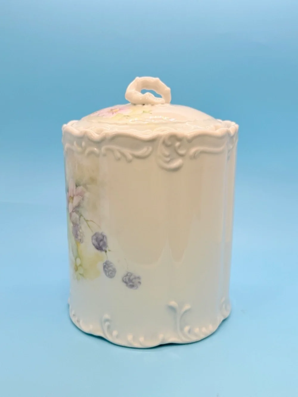 Vintage Porcelain Embossed Biscuit Jar & Lid Handpainted w Pastel Floral Motifs